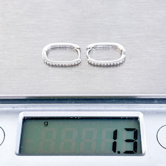 Vintage Sterling Silver 925 1.5cm Cubic Zirconia Pave Rectangle Hoop Earrings - Picture 6 of 7